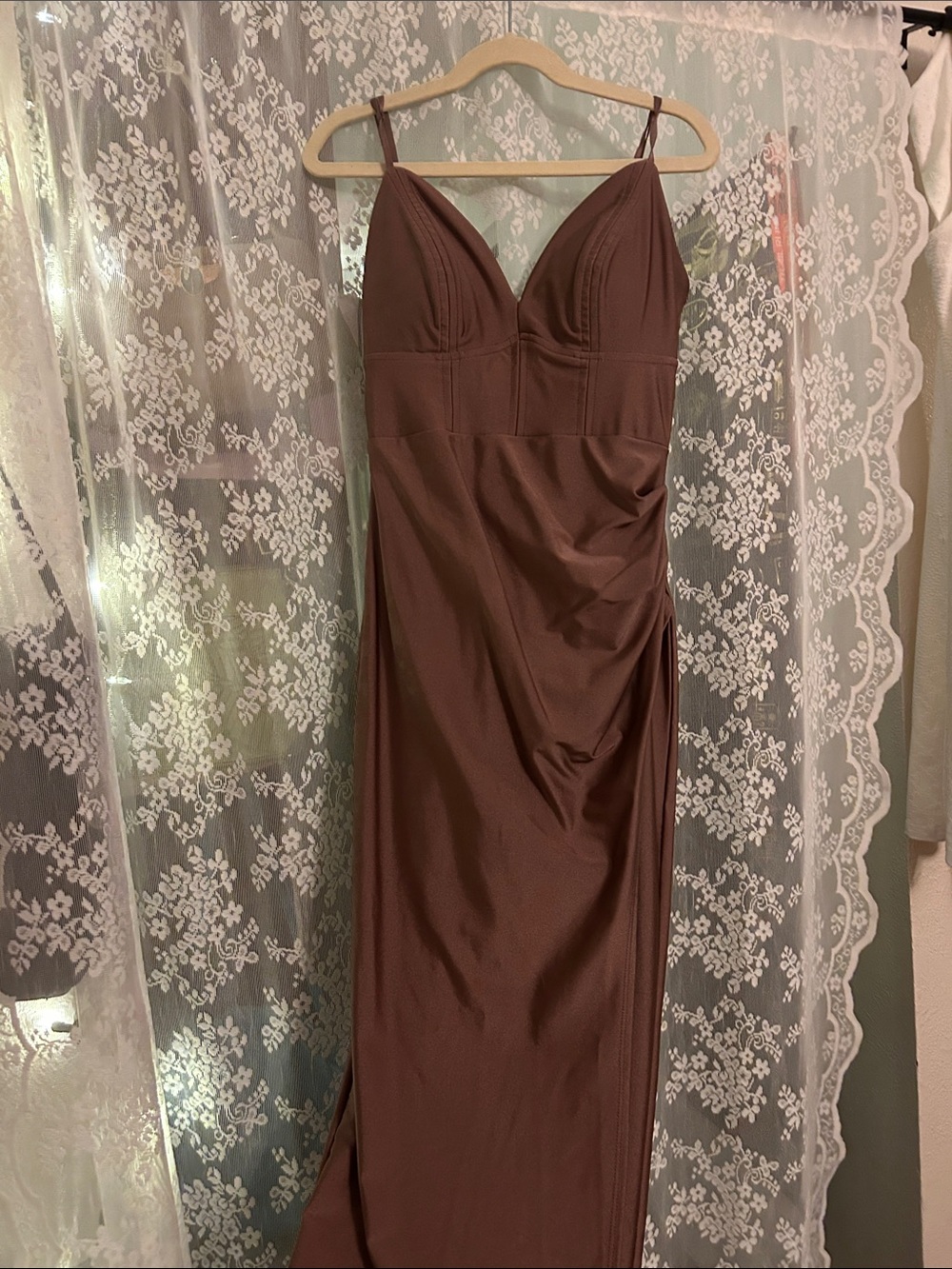 Honey and Rosie Tan Satin Spaghetti Strap Wedding Dress